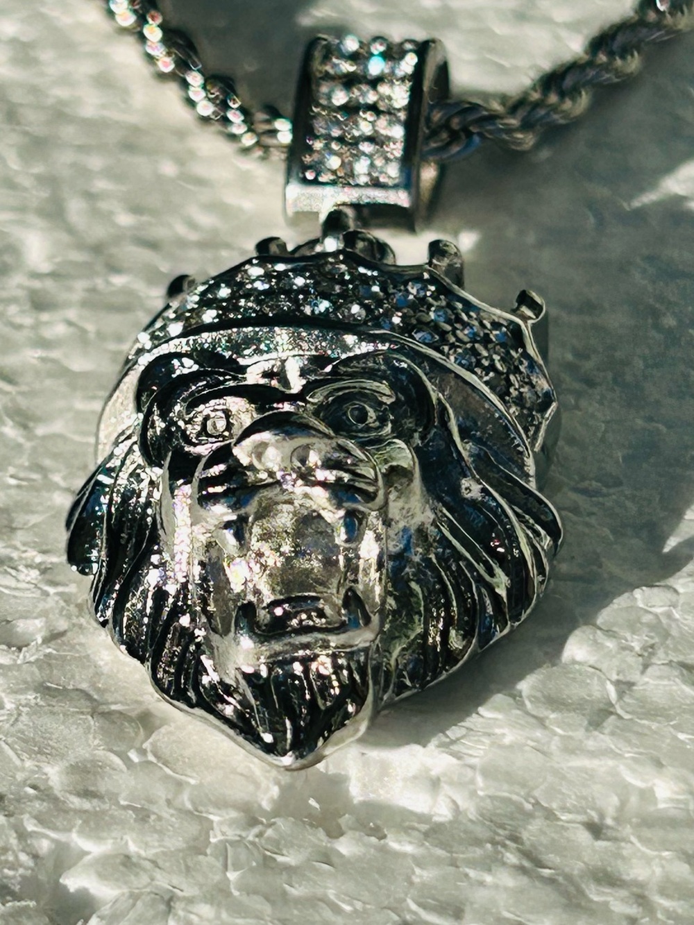 Men's Silver Lion Head Crown Pendant Necklace - Stainless Steel
